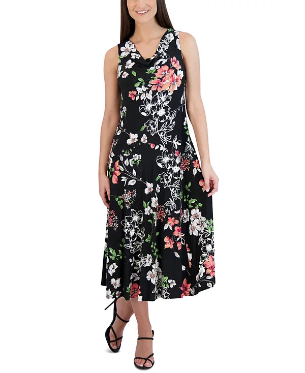 Robbie Bee Petite Floral-Print Cowlneck Midi Dress Color Black Size PS