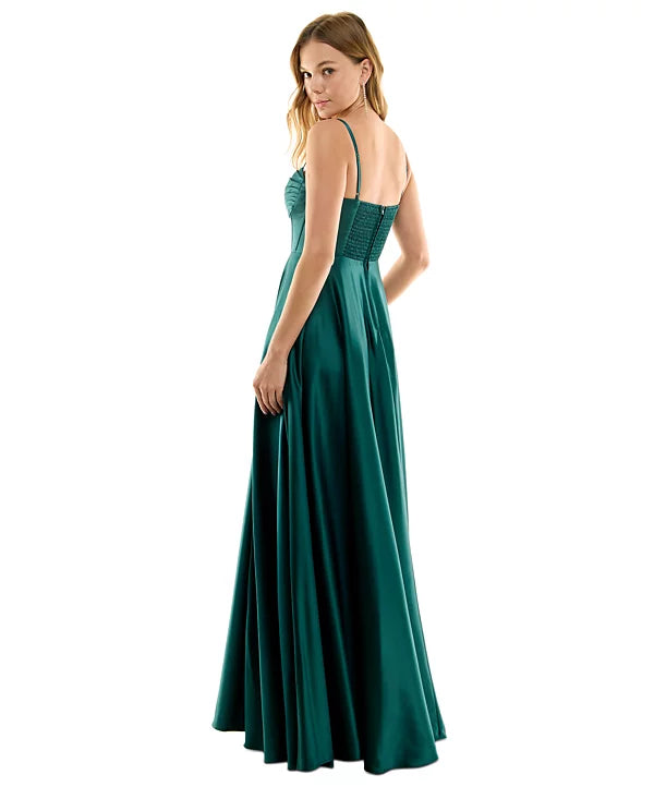 B Darlin Juniors Pleated-Bodice High-Slit Evening Gown Color Hunter Size 17/18