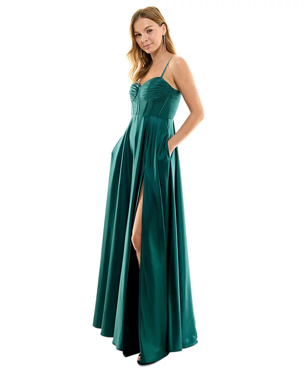B Darlin Juniors Pleated-Bodice High-Slit Evening Gown Color Hunter Size 17/18