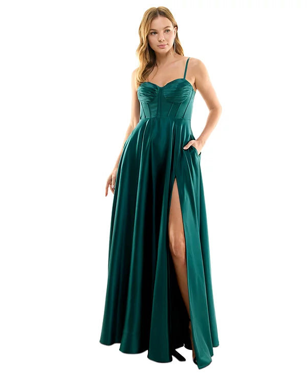 B Darlin Juniors Pleated-Bodice High-Slit Evening Gown Color Hunter Size 17/18