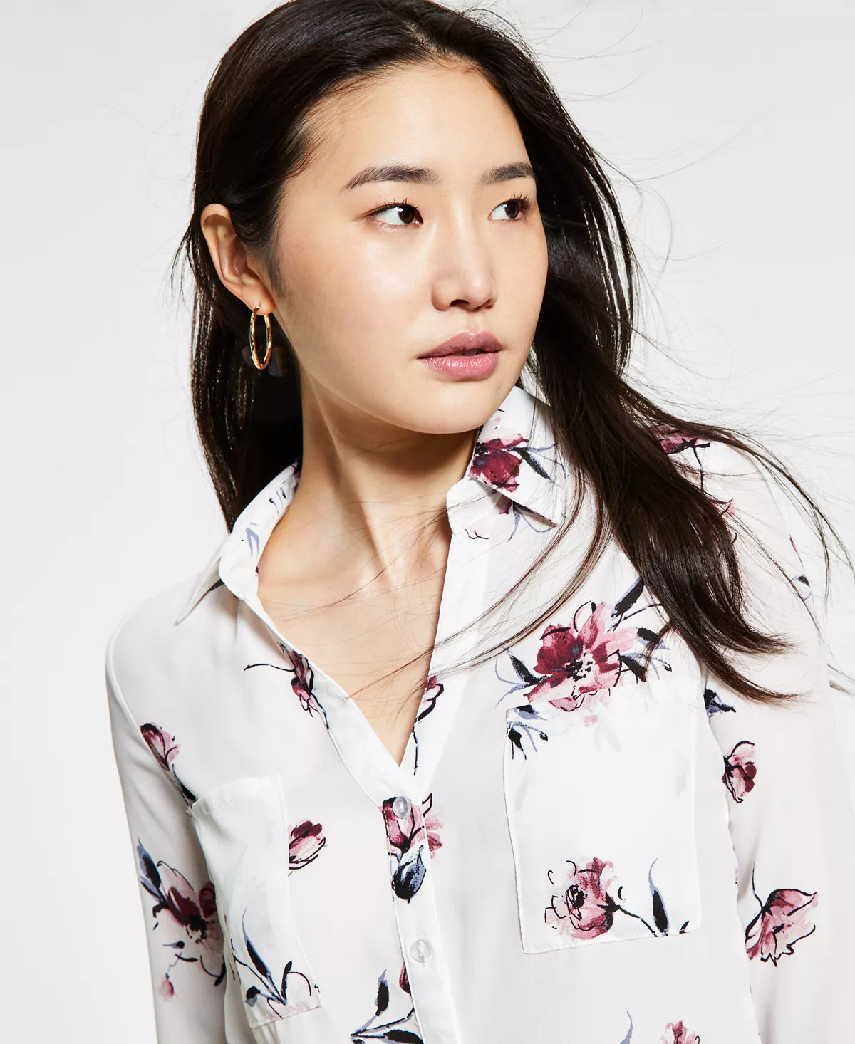 BCX Juniors' Floral-Print Collared Shirt Color White Multi Size L
