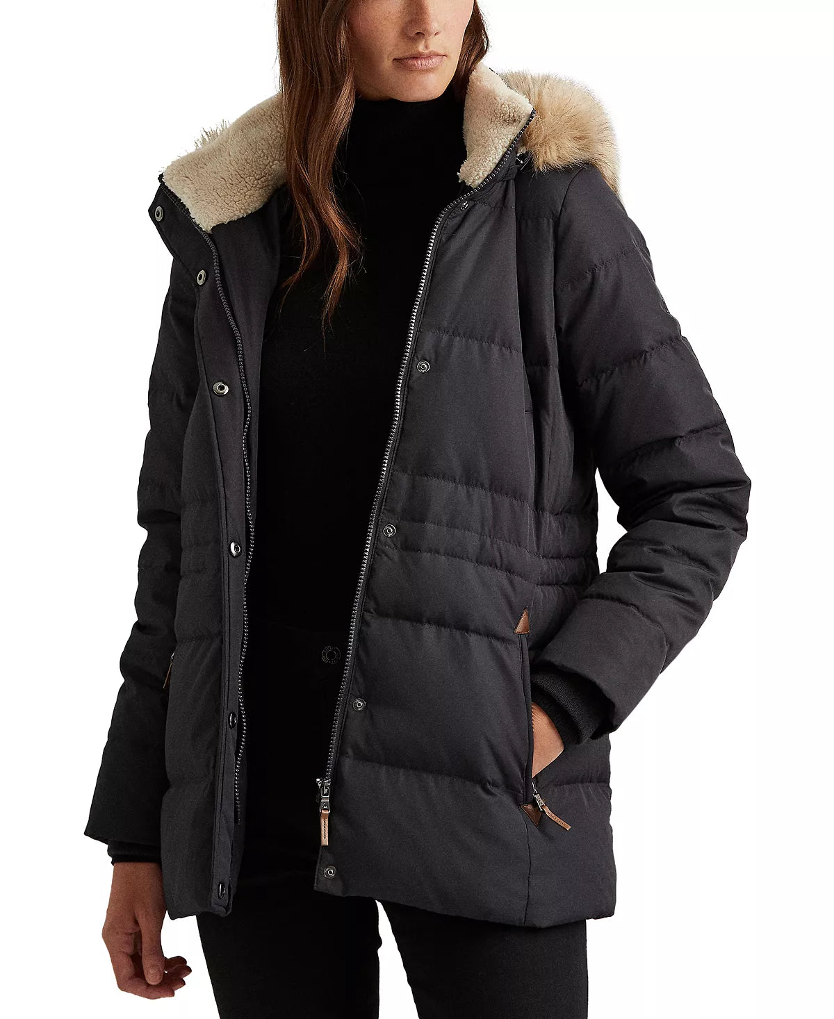 Lauren Ralph Lauren Women's Faux-Fur-Trim Hooded Down Puffer Coat Color Dark Camel Size XL