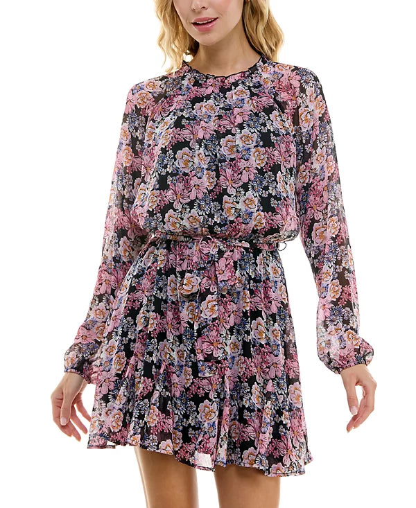 Trixxi Juniors Floral Chiffon Long-Sleeve Dress Color Black/Pink Floral Size M
