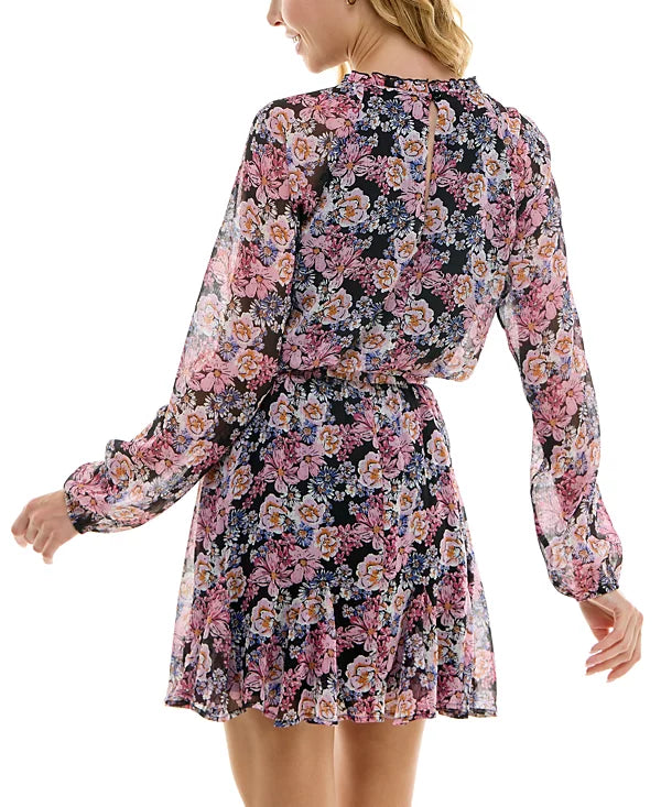 Trixxi Juniors Floral Chiffon Long-Sleeve Dress Color Black/Pink Floral Size M