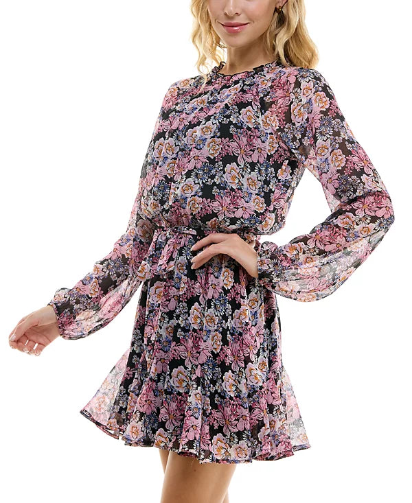 Trixxi Juniors Floral Chiffon Long-Sleeve Dress Color Black/Pink Floral Size M