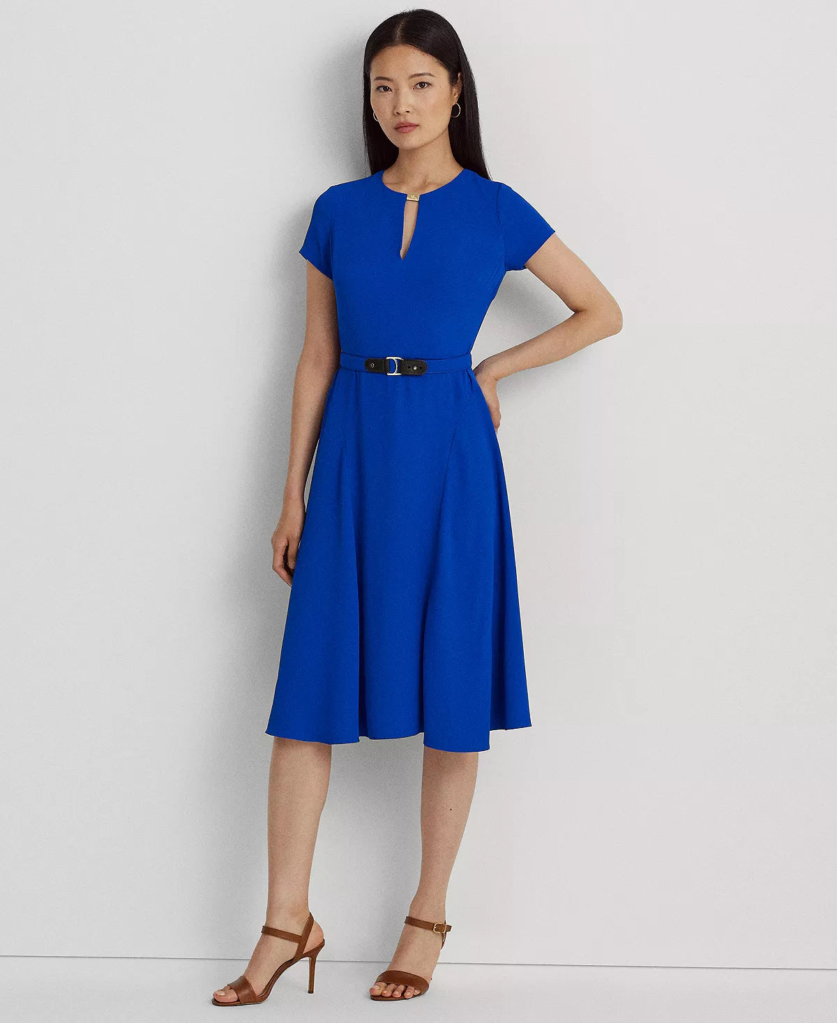 Lauren Ralph Lauren Women's Belted Georgette Fit & Flare Dress Color Sapphire Star Size 6