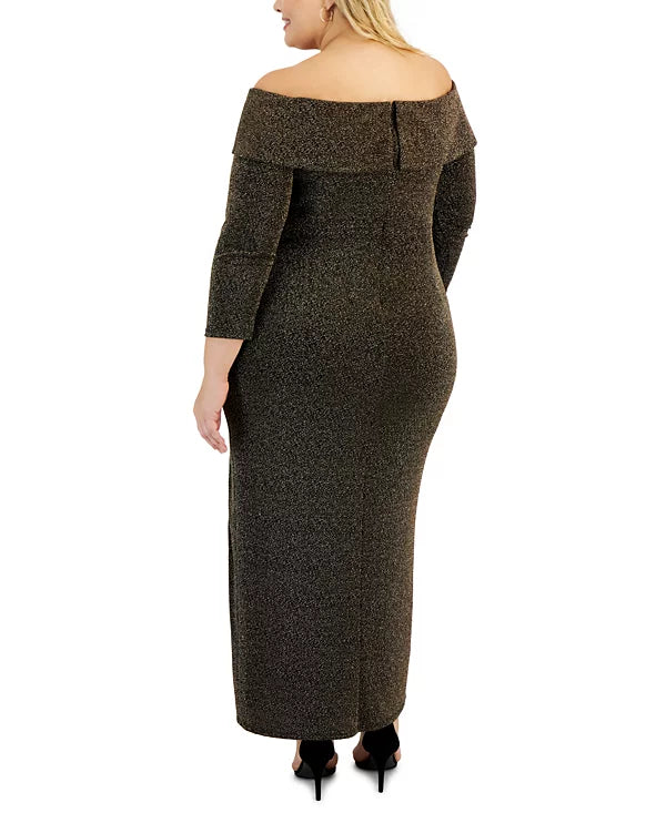 Alex Evenings Plus Size Off-The-Shoulder Side-Slit Glitter Dress Color Black/Copper Size 16W