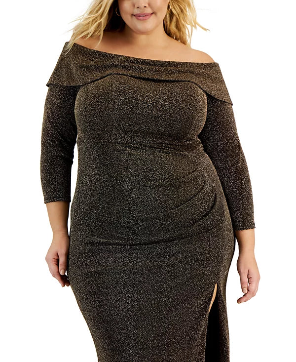 Alex Evenings Plus Size Off-The-Shoulder Side-Slit Glitter Dress Color Black/Copper Size 16W