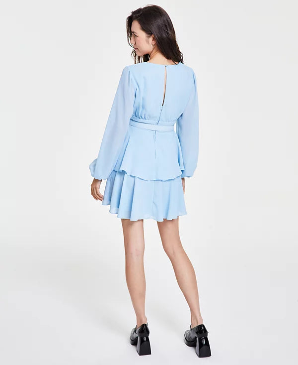 City Studios Juniors Belted Long-Sleeve Dress Color Sky Blue Size 9/10