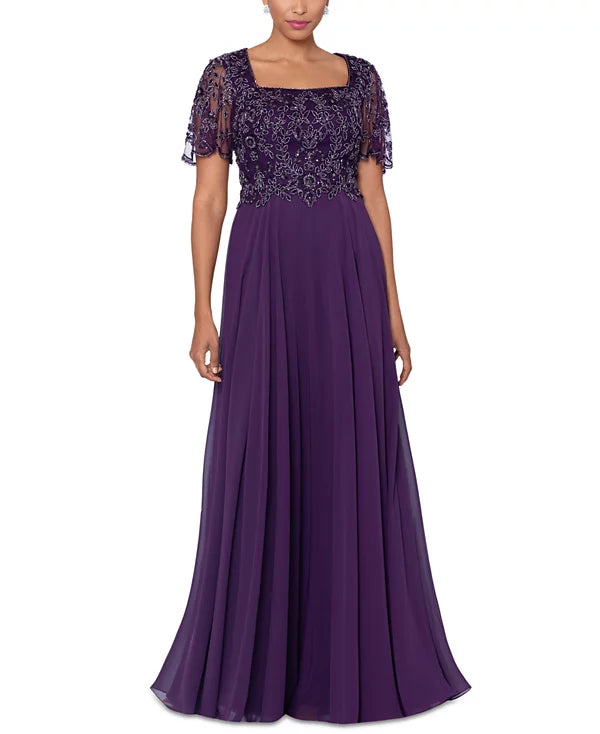 XSCAPE Women's Bead Embellished Short Sleeve Gown Color Plum Size 14