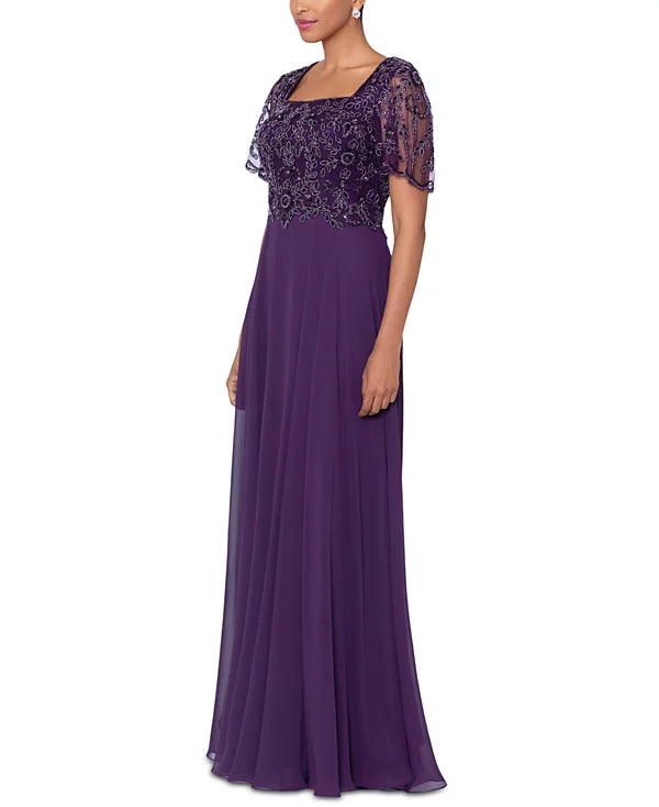 XSCAPE Women's Bead Embellished Short Sleeve Gown Color Plum Size 14