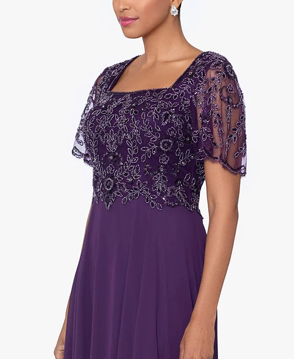 XSCAPE Women's Bead Embellished Short Sleeve Gown Color Plum Size 14