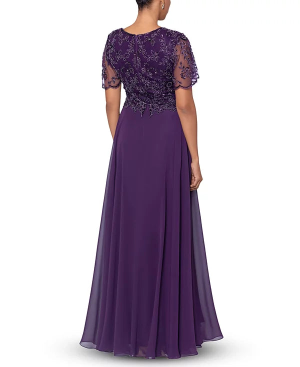 XSCAPE Women's Bead Embellished Short Sleeve Gown Color Plum Size 14