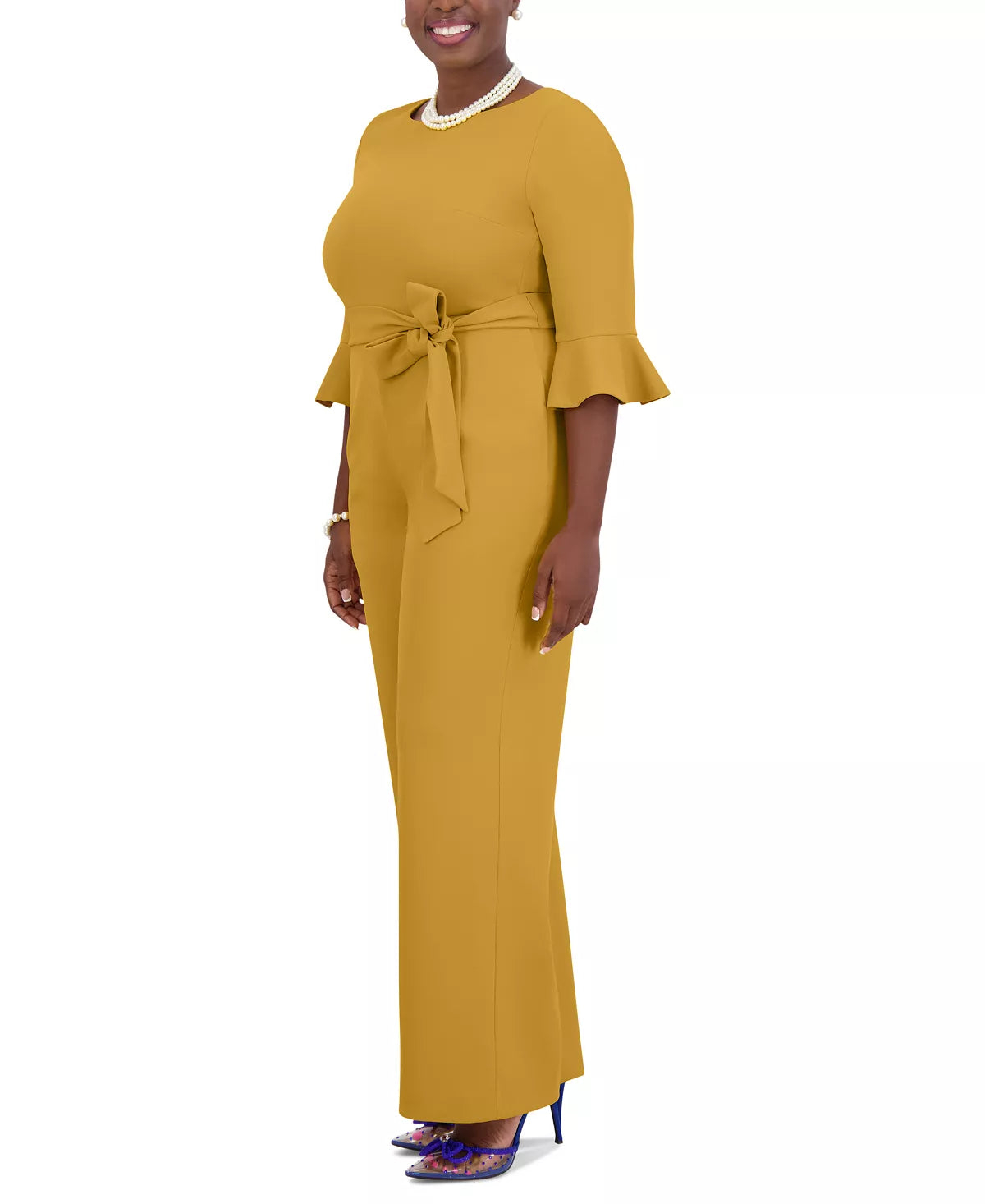 KASPER Women's Boat-Neck 3/4-Ruffle-Sleeve Jumpsuit Color Gold Rush Size L