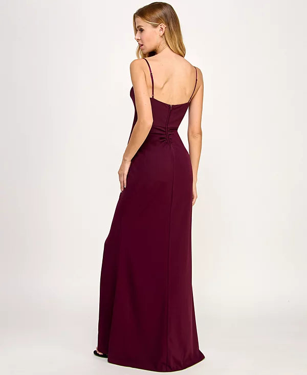 Emerald Sundae Juniors Mesh-Panel Notch-Neck Gown Color Plum Size L