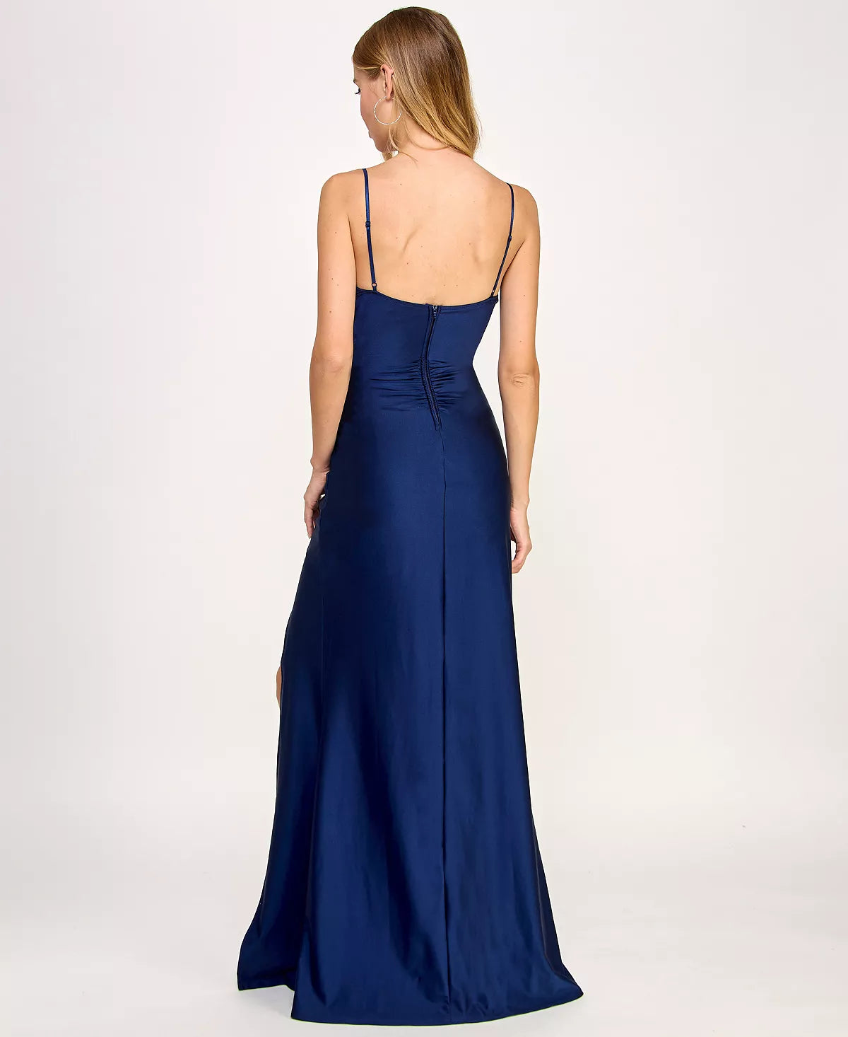 Emerald Sundae Juniors Mesh-Panel Side-Slit Gown Color Navy Size S