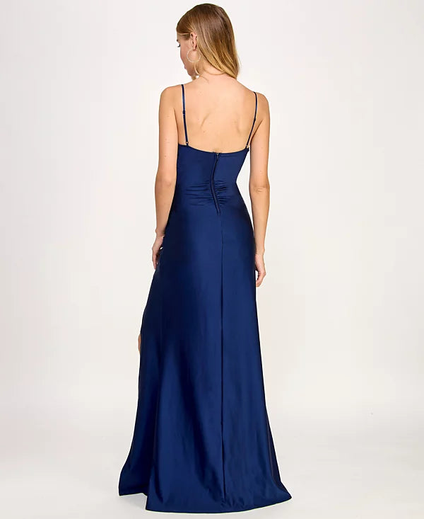 Emerald Sundae Juniors Mesh-Panel Side-Slit Gown Color Navy Size XL