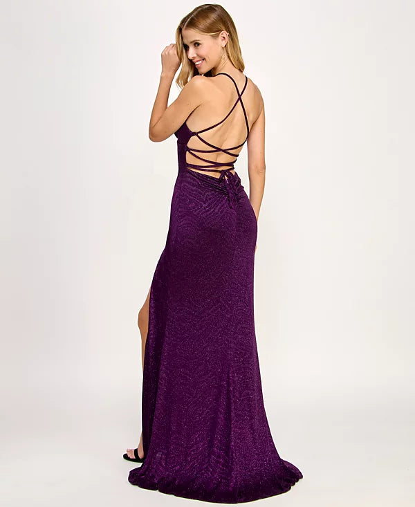 Emerald Sundae Juniors Glitter Side-Slit Mermaid Gown Color Plum Size XL
