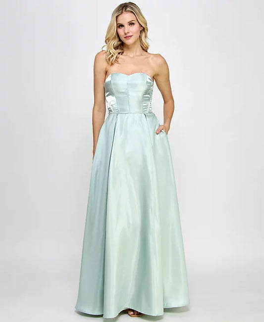 Speechless Juniors Iridescent Satin Strapless Corset Gown  Color Light Sage Size 15