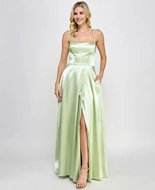 Speechless Juniors Satin Front-Slit Lace-Up Gown  Color Pistachio Size 3