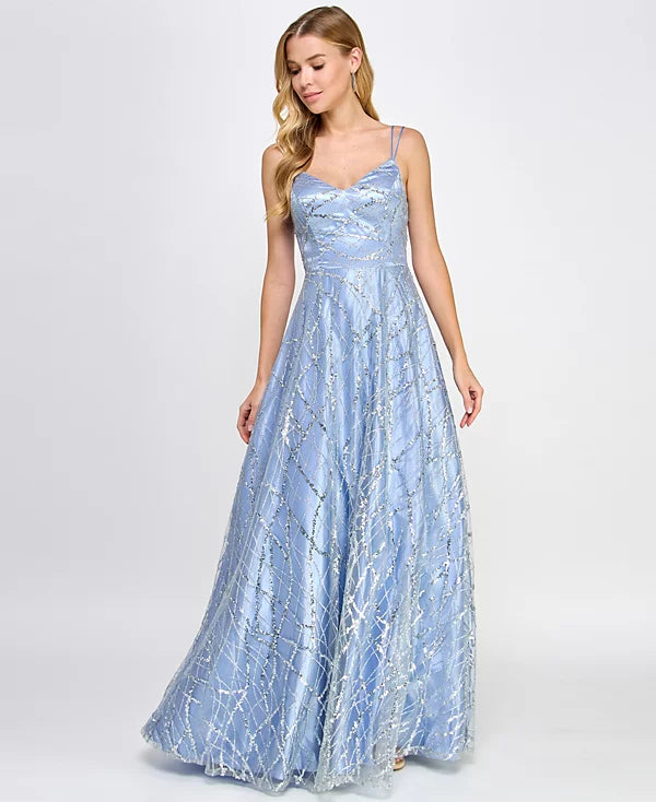 Say Yes Juniors Sequin-Embellished Ball Gown  Color Silver/Blue Size 3/4