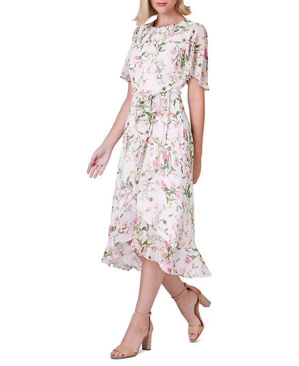 Jessica Howard Petite Printed Flutter-Sleeve Faux-Wrap Dress Color Ivory/Blush Size 12P