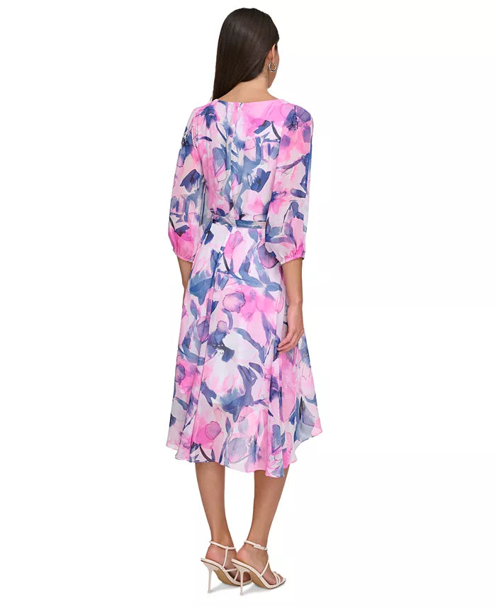 DKNY Women's Balloon-Sleeve Tie-Waist Dress Power Pink Size 14