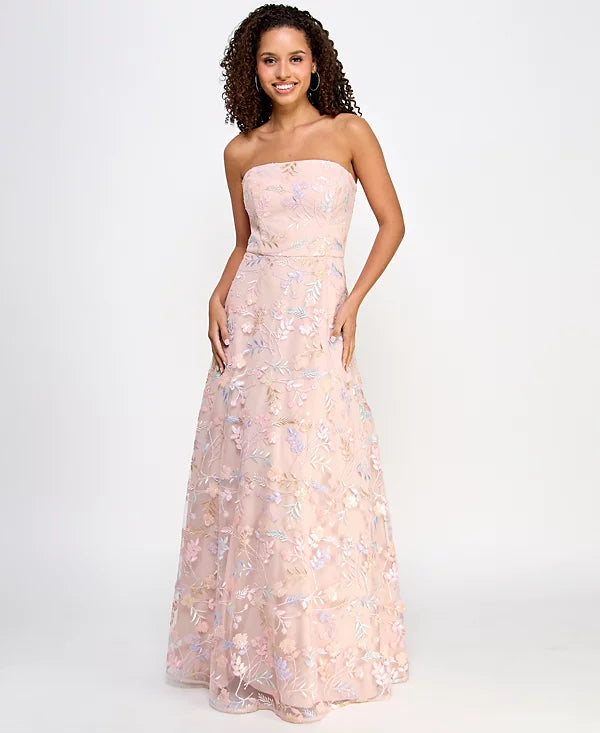 Morgan & Co Juniors Strapless All Over Embroidery Sequin Gown Color Mauve/Nude Size 3