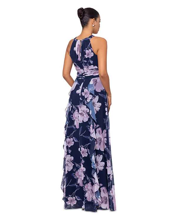 XSCAPE Women's Floral Chiffon Halter-Neck Gown Color Navy/Mauve Size 12