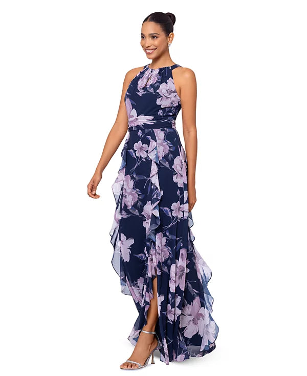 XSCAPE Women's Floral Chiffon Halter-Neck Gown Color Navy/Mauve Size 12