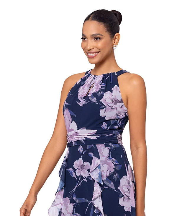 XSCAPE Women's Floral Chiffon Halter-Neck Gown Color Navy/Mauve Size 12