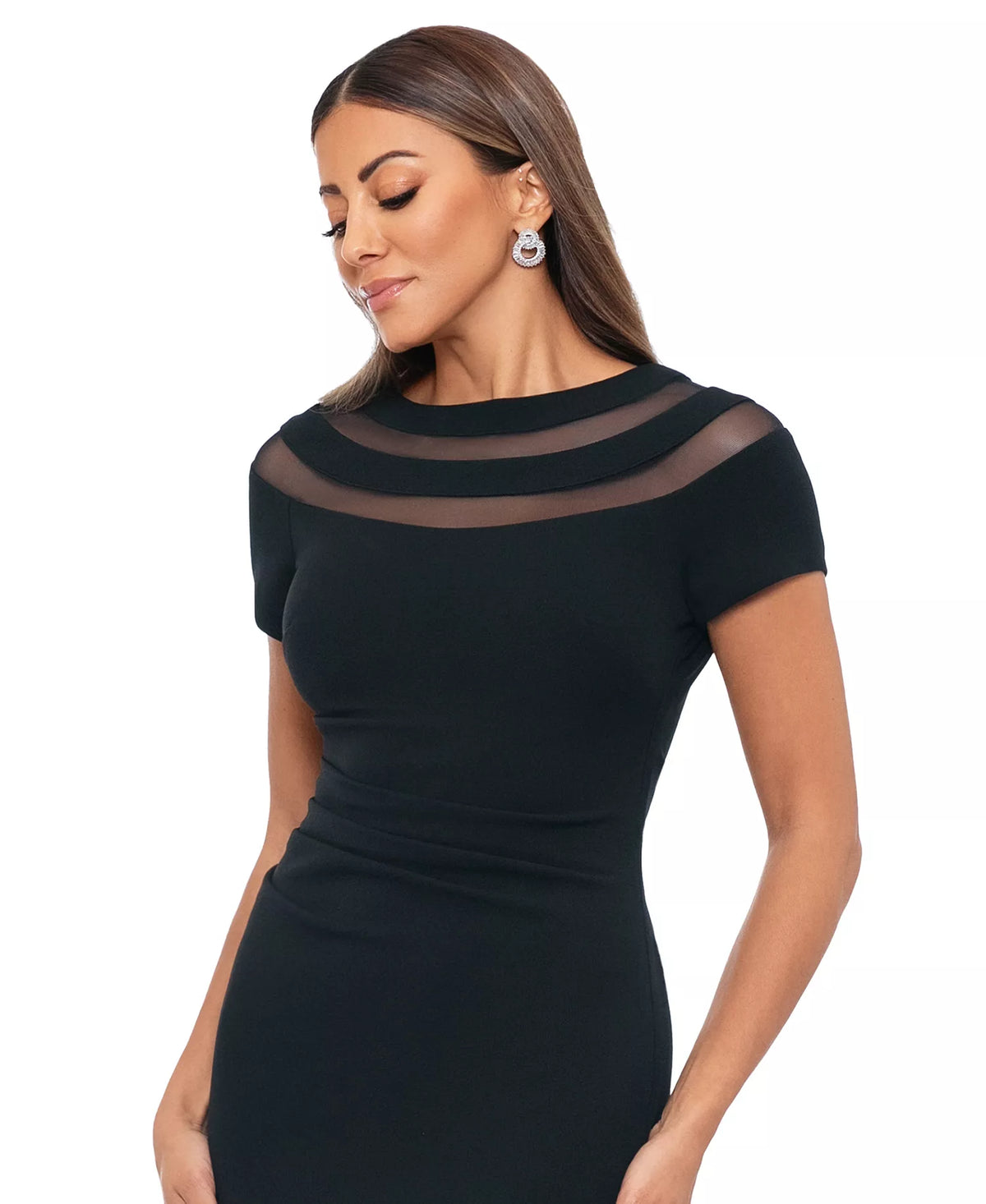 XSCAPE Petite Illusion-Neck Ruched-Back Scuba Crepe Gown Black Size 12P (No Tag)