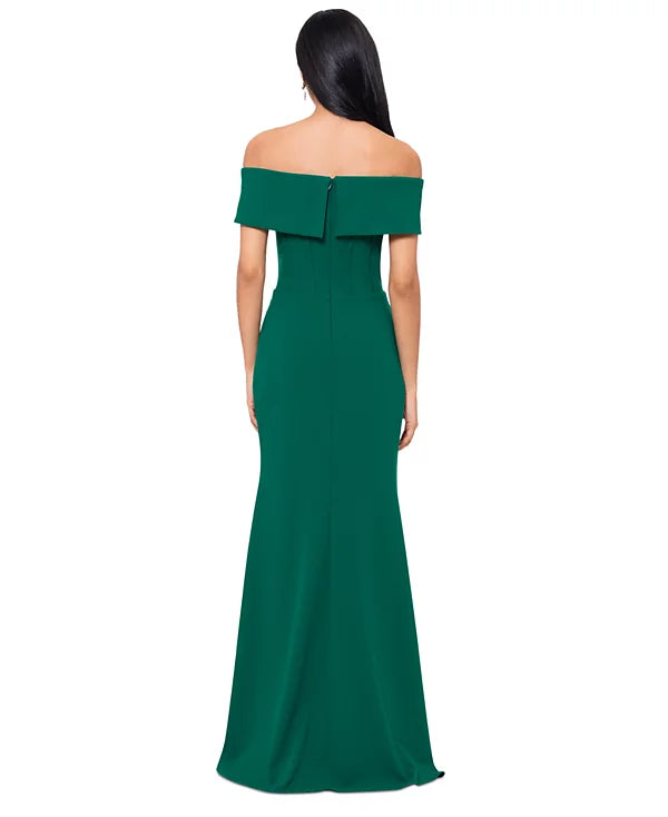 Betsy & Adam Off-The-Shoulder Front-Slit Gown Color Green Size 16