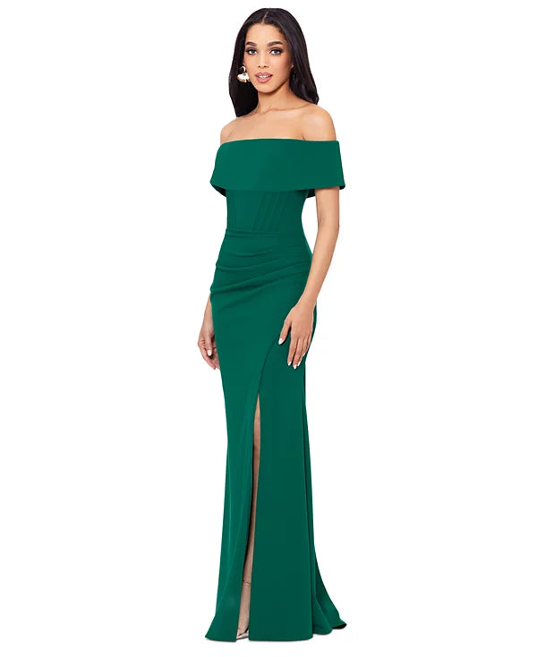 Betsy & Adam Off-The-Shoulder Front-Slit Gown Color Green Size 16