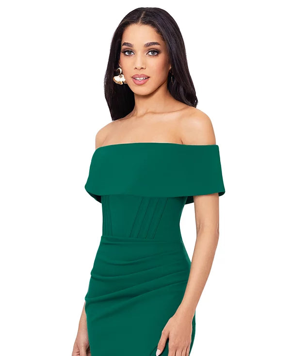 Betsy & Adam Off-The-Shoulder Front-Slit Gown Color Green Size 16
