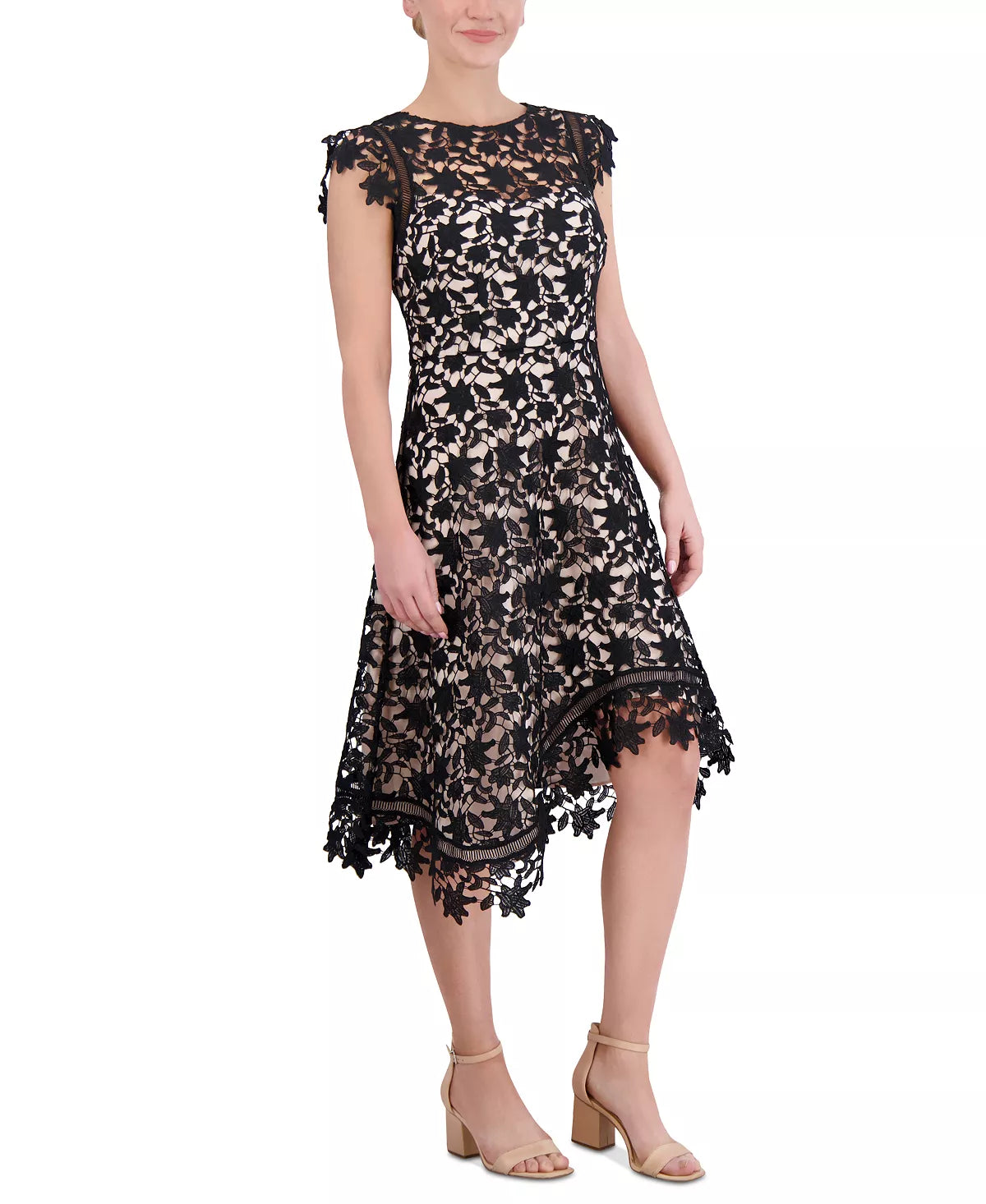 Eliza J Lace Asymmetrical-Hem Midi Dress Color Black/Natural Size 12