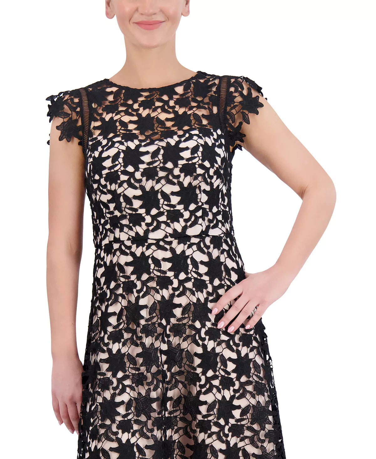 Eliza J Lace Asymmetrical-Hem Midi Dress Color Black/Natural Size 12