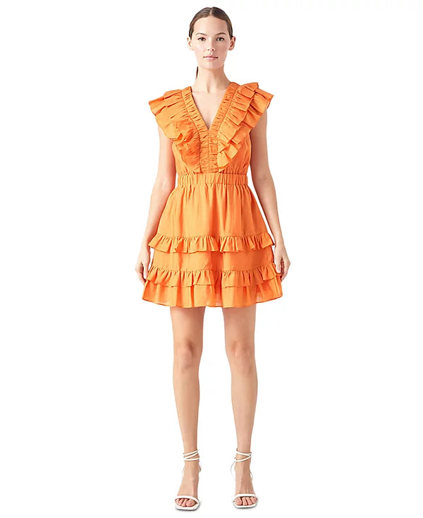 endless rose Women's V-Neck Ruffle-Trim Mini Dress Color Orange Size XL