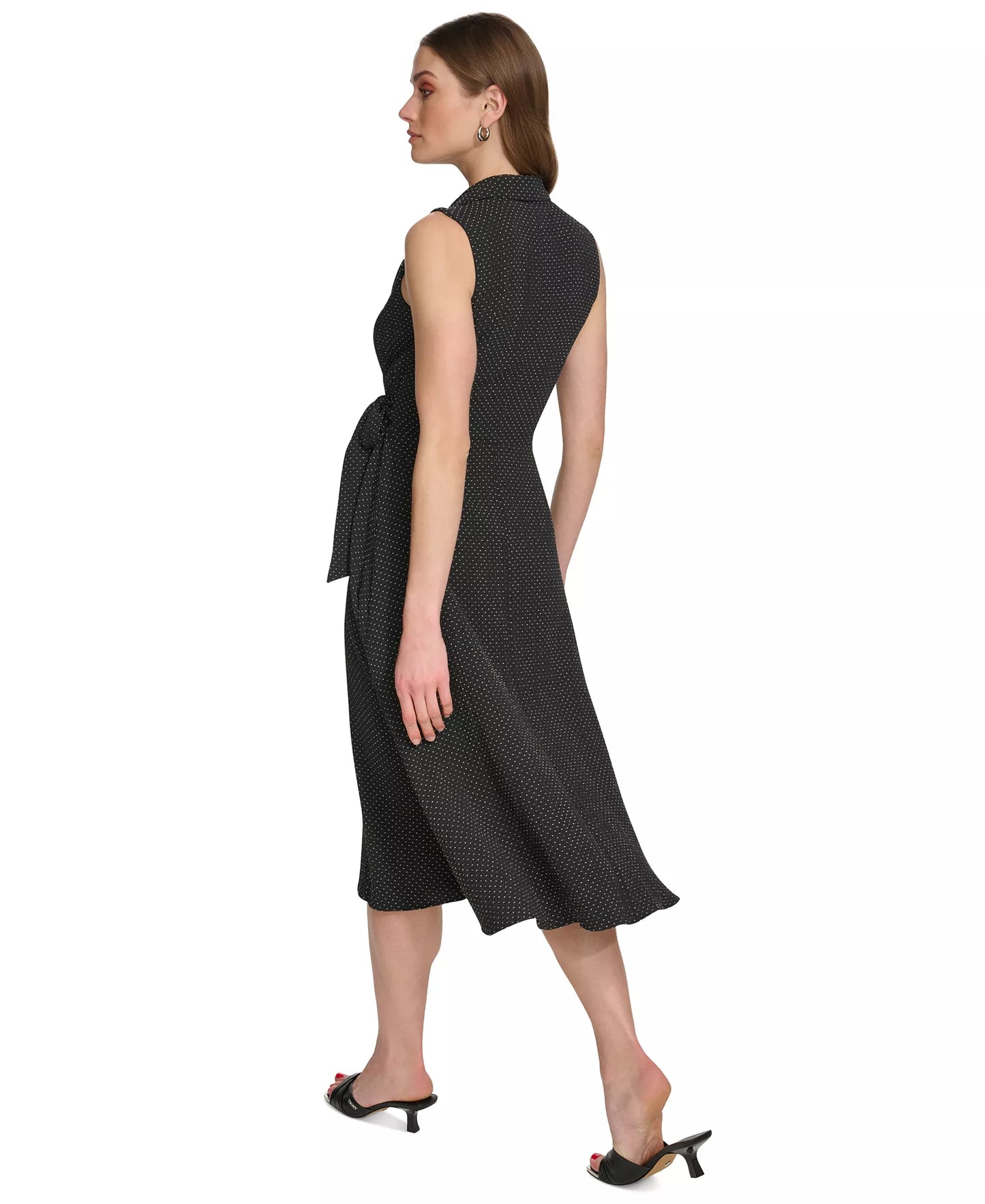 DKNY Women's Printed Tie-Waist Sleeveless A-Line Dress Polka Black Size 4