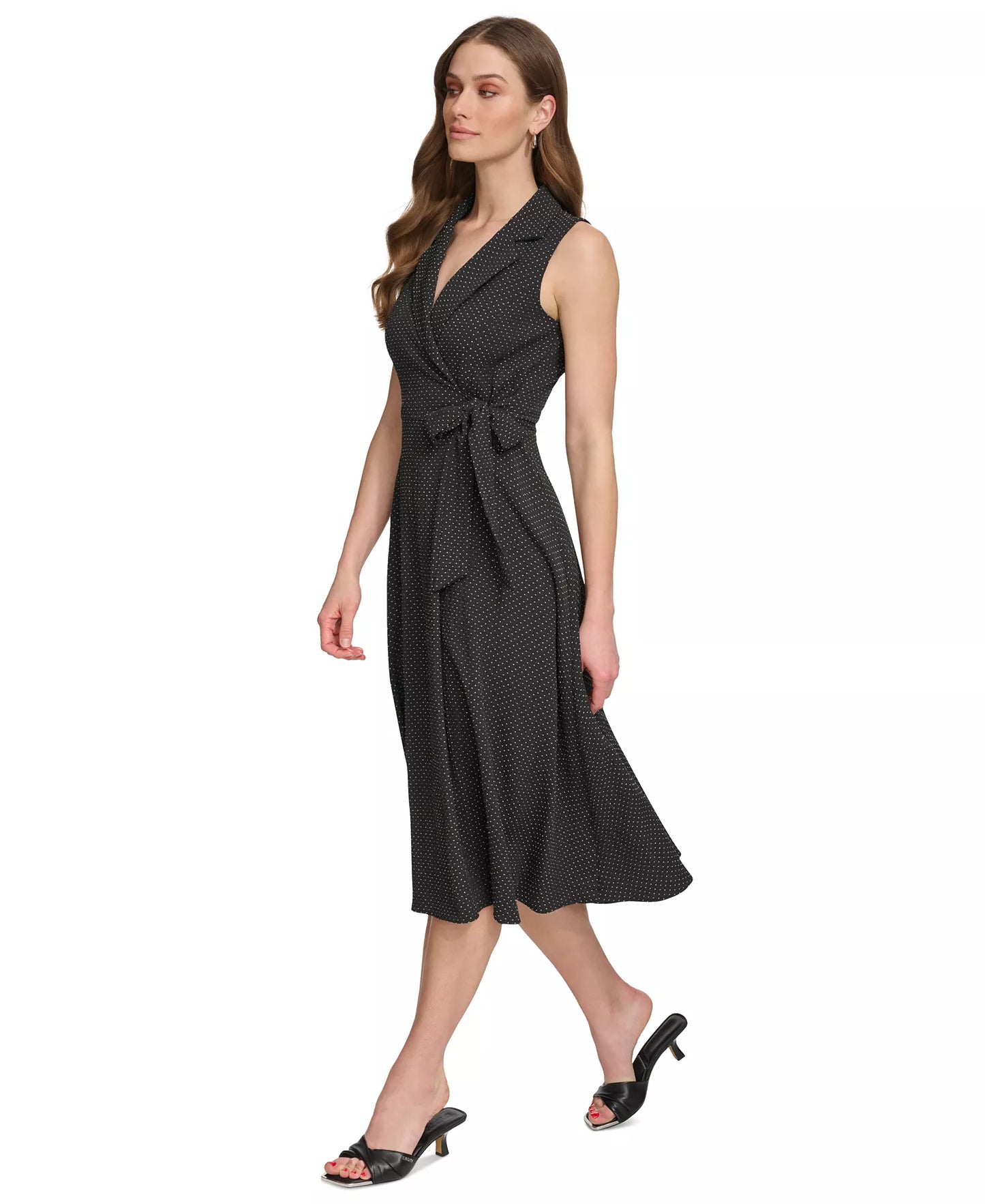 DKNY Women's Printed Tie-Waist Sleeveless A-Line Dress Polka Black Size 4