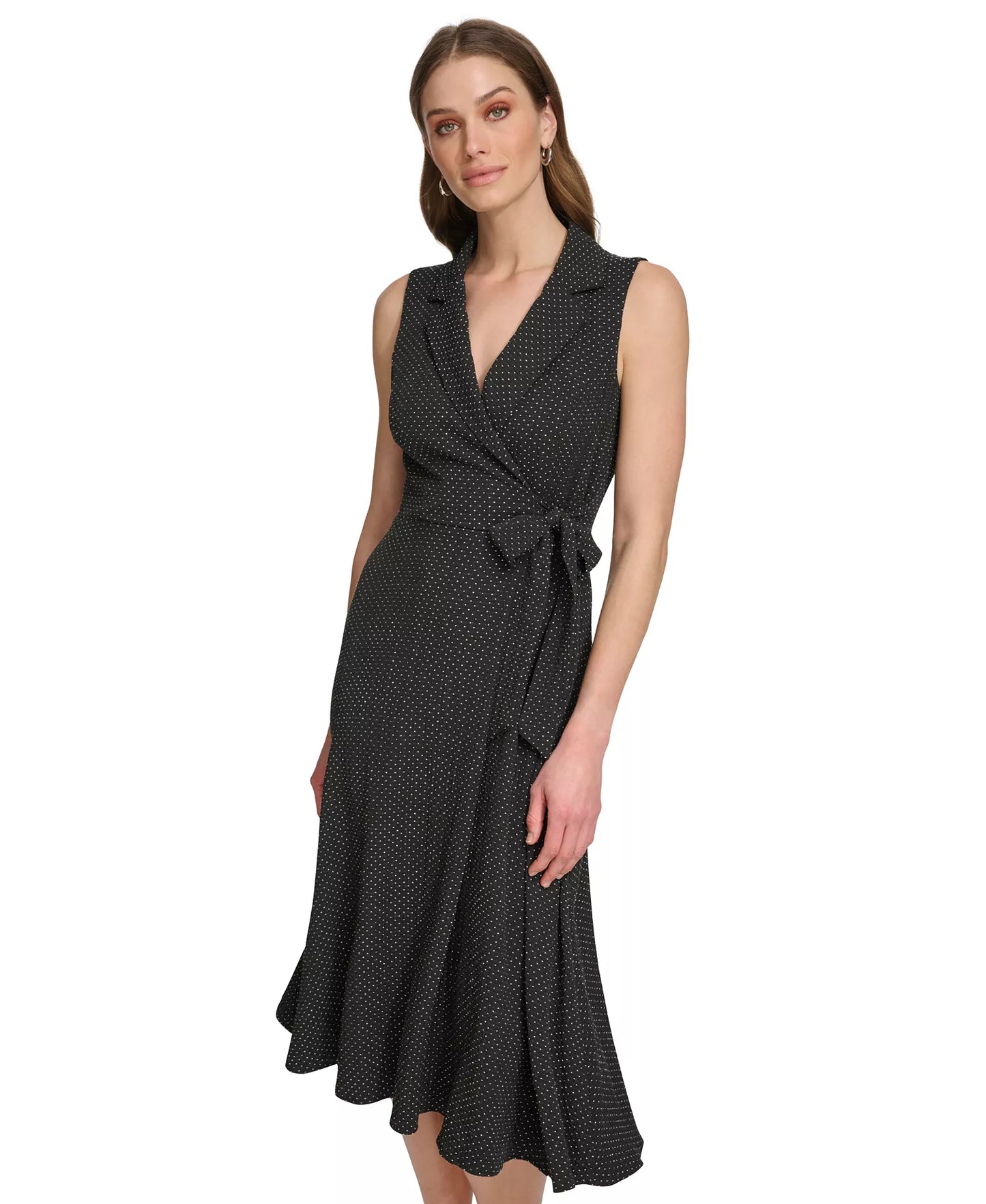DKNY Women's Printed Tie-Waist Sleeveless A-Line Dress Polka Black Size 4