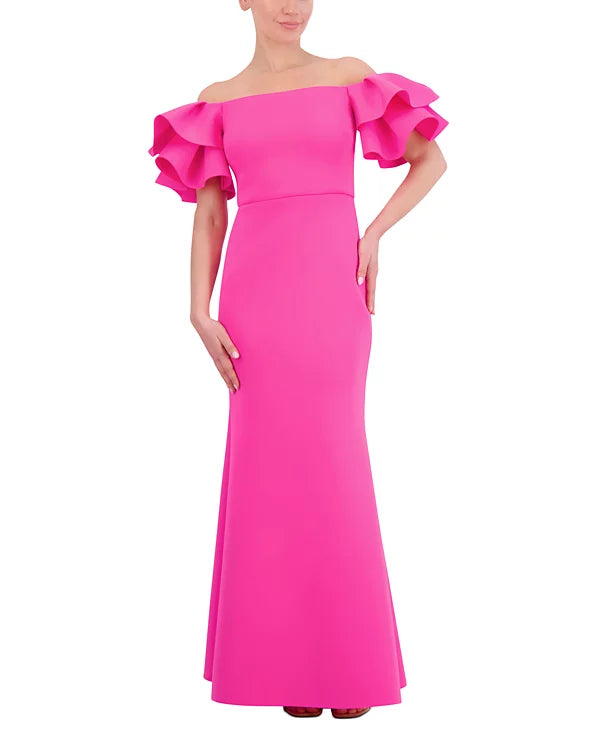 Eliza J Ruffled-Sleeve Off-The-Shoulder Mermaid Gown Hot Pink Size 10