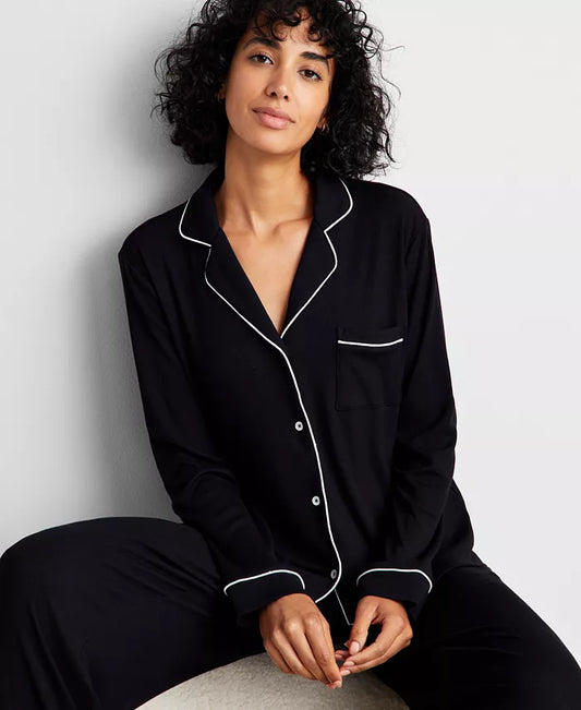 State of Day Women's Ribbed Notched-Collar Pajamas Set  Deep Black Size XL