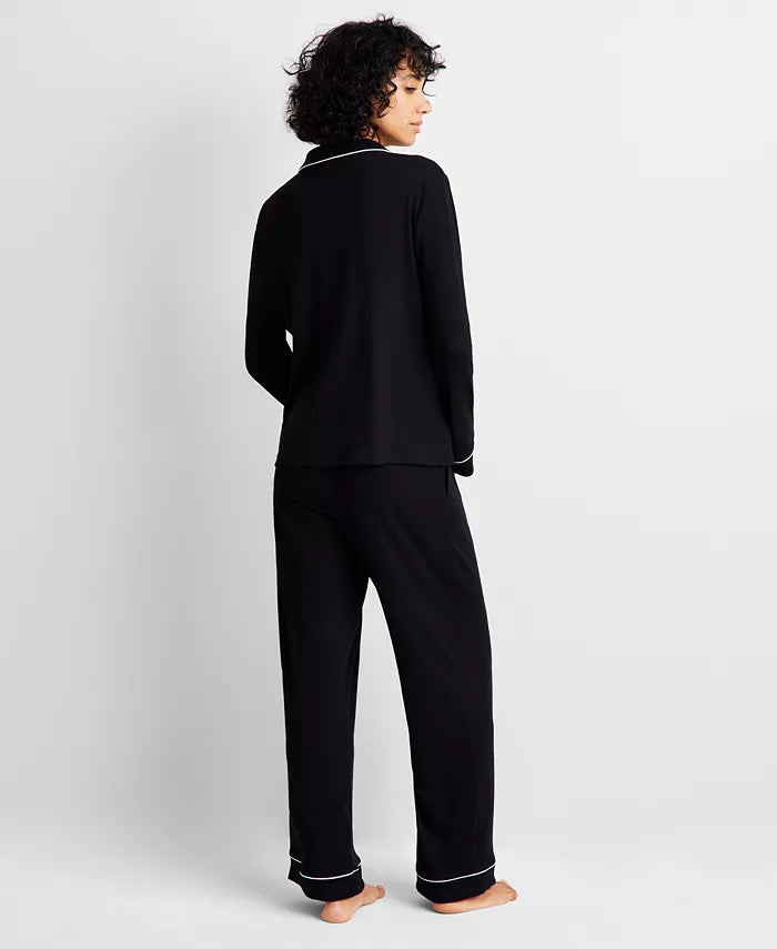 State of Day Women's Ribbed Notched-Collar Pajamas Set Deep Black Size XL