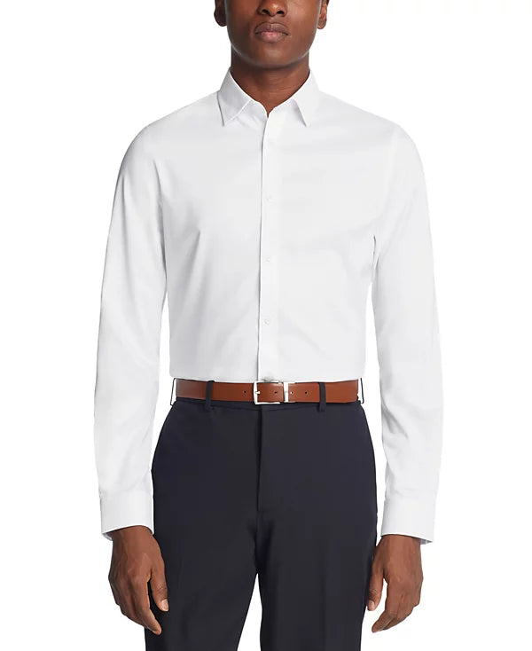 Michael Kors Men's Airsoft Slim Fit Untucked Length Stretch Dress Shirt White 16/16.5 34/35