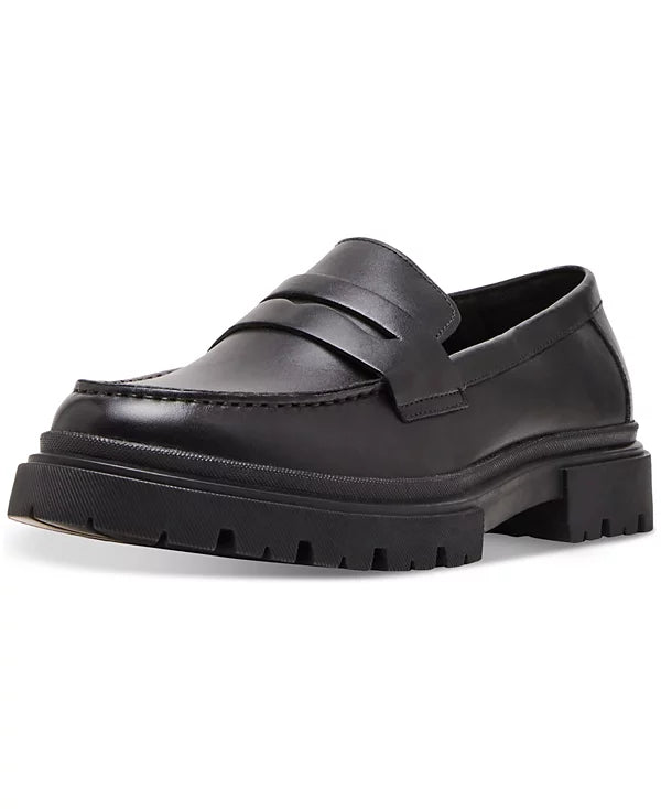 Steve Madden Men's Akkron Leather Lug-Sole Penny Loafers Black Leather Size 7.5