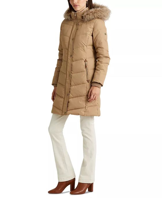 Lauren Ralph Lauren Women's Faux-Fur-Trim Hooded Down Puffer Coat Color Dark Camel Size XL