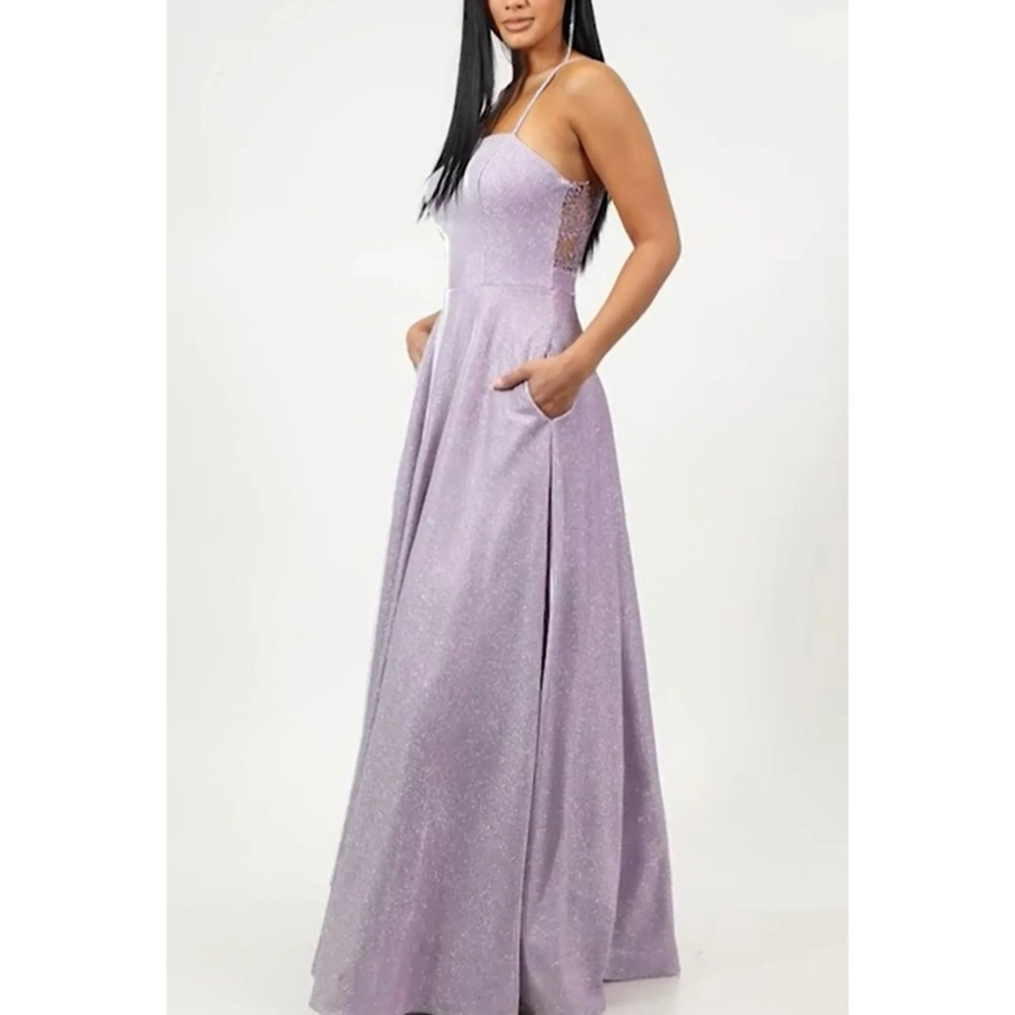 City Studios Juniors Sleeveless Glitter Lace-Back Evening Dress Lavender Size 5/6