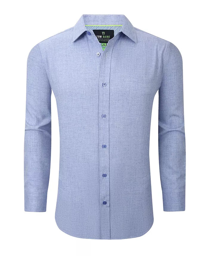 Tom Baine Men's Four-Way Stretch Solid Textured Slim-Fit Dress Shirt Navy Blue Size M 15/15.5