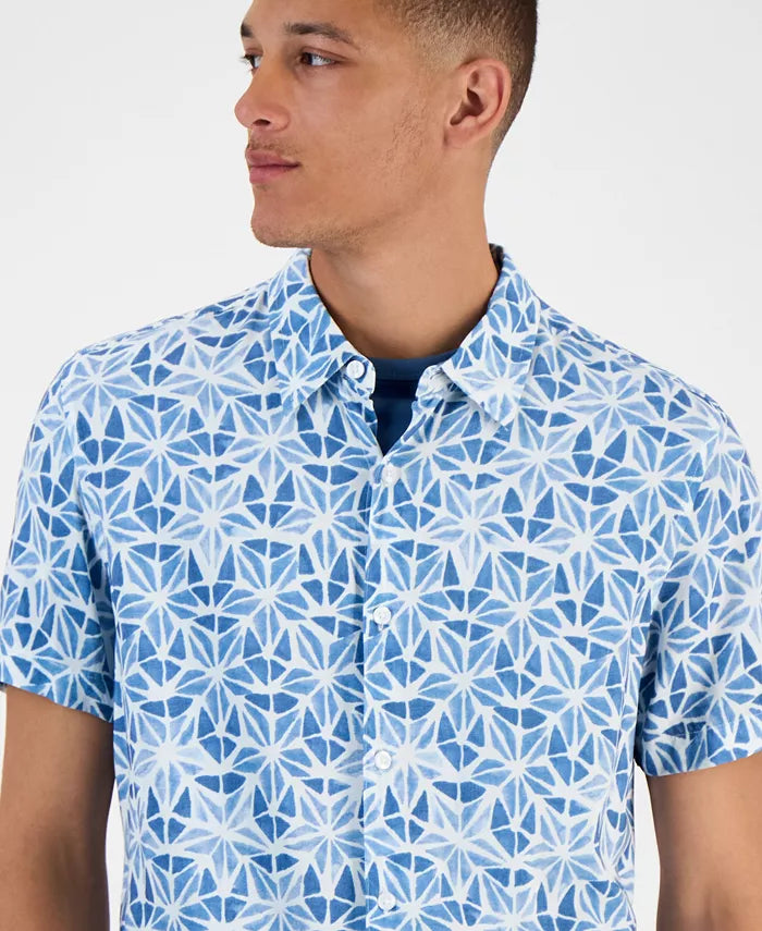 GUESS Men's Slim Fit Short Sleeve Printed Button-Front Shirt Watercolor Burst Petroleum Blue Size XL